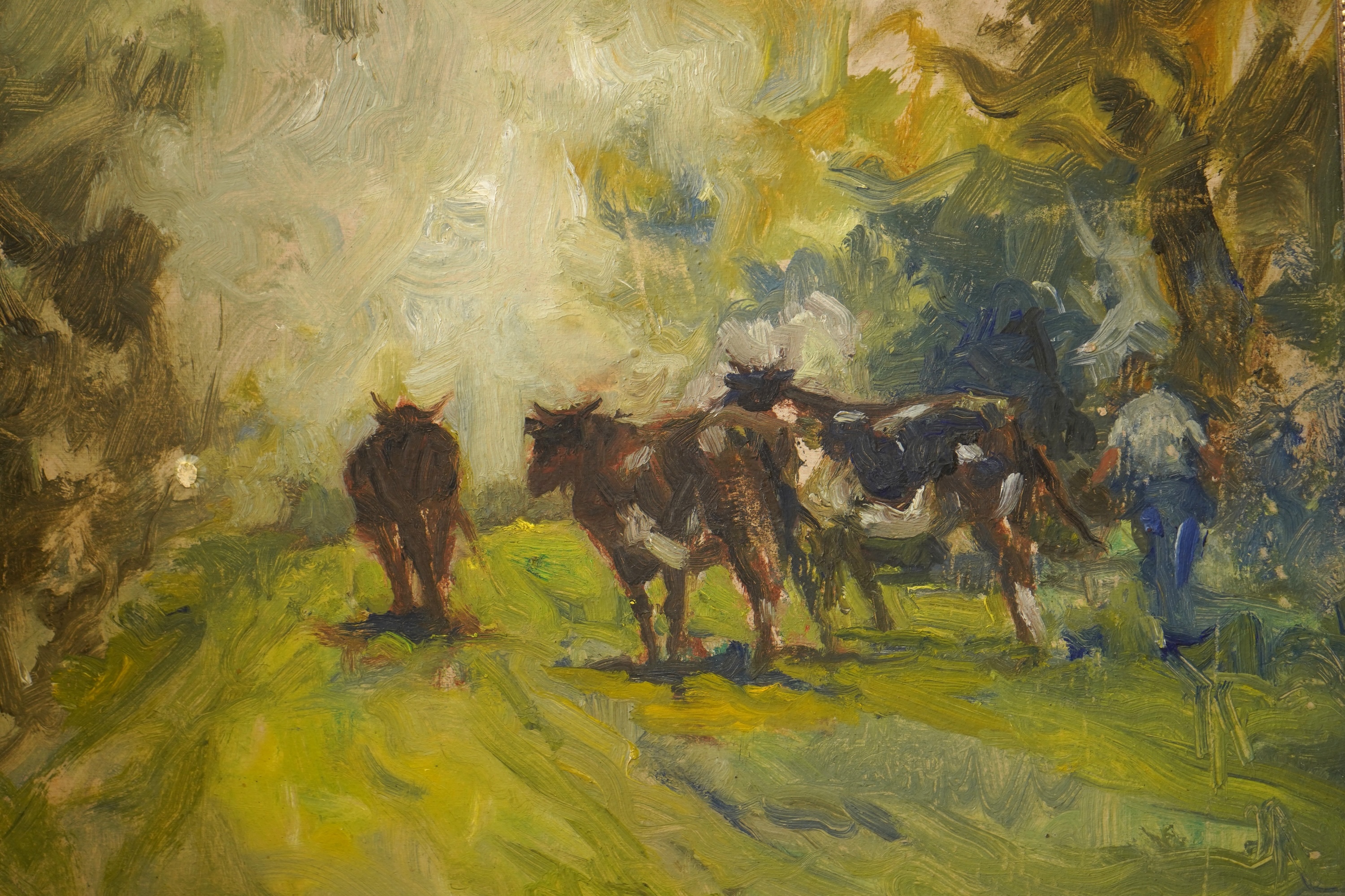 Arthur Spooner (1873-1962), Herding cattle, oil on board, unsigned, 29 x 35cm, Provenance - Artists summer studio, East coast.